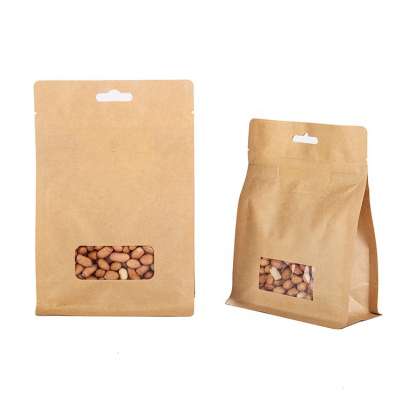 Wholesale Flat Bottom Brown Hang Hole Food ZipLock Kraft Paper Bags With Clear Window